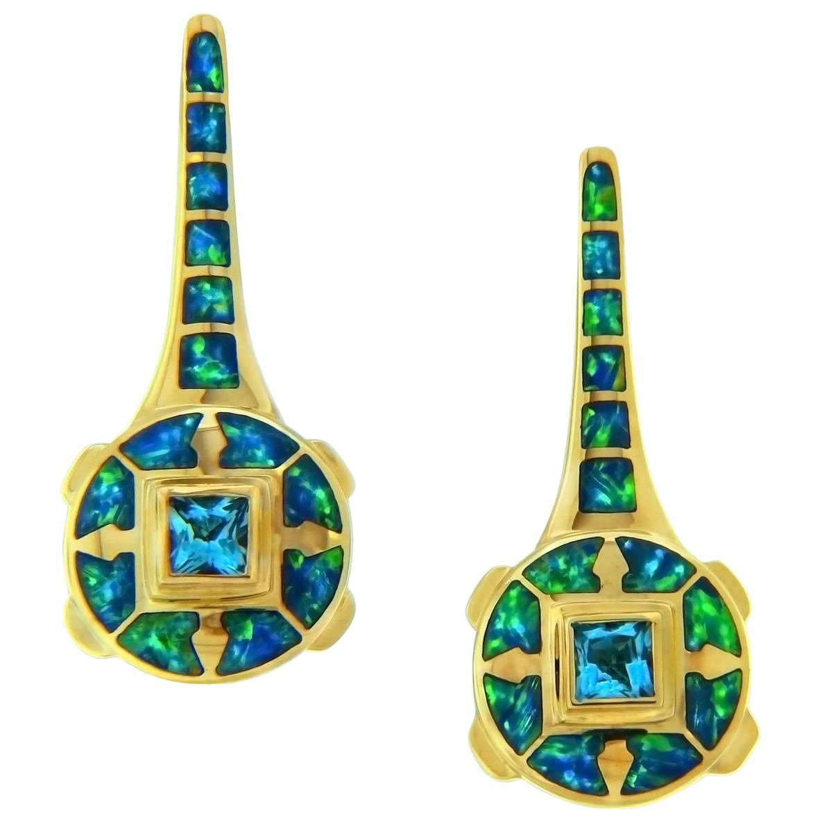 Sparkling Australian Opal Blue Topaz 14 Karat Yellow Gold Pendulum Earrings For Sale