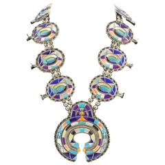 Zuni Silver Snake Rainbow Dance Inlaid Sterling Silver Squash Blossom Necklace 11