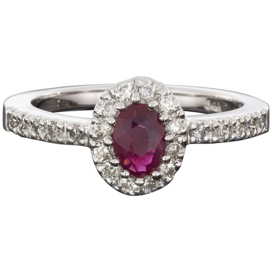 Oval Ruby Diamond White Gold Halo Engagement Ring