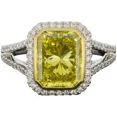 GIA Certified 3.64 Carat Fancy Vivid Yellow Radiant Diamond Halo Engagement Ring 3