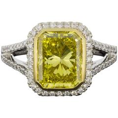 GIA Certified 3.64 Carat Fancy Vivid Yellow Radiant Diamond Halo Engagement Ring