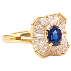 1990s 1.85 Carat Oscar Heyman Diamonds Blue Sapphire Yellow Gold Ring