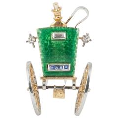 Vintage Enamel Sapphire Diamond Gold Coaching Carriage Clip Brooch, circa 1950