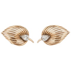 Earrings, French 1950s pear shaped Diamond and Gold Leaf Clip, c, 1950