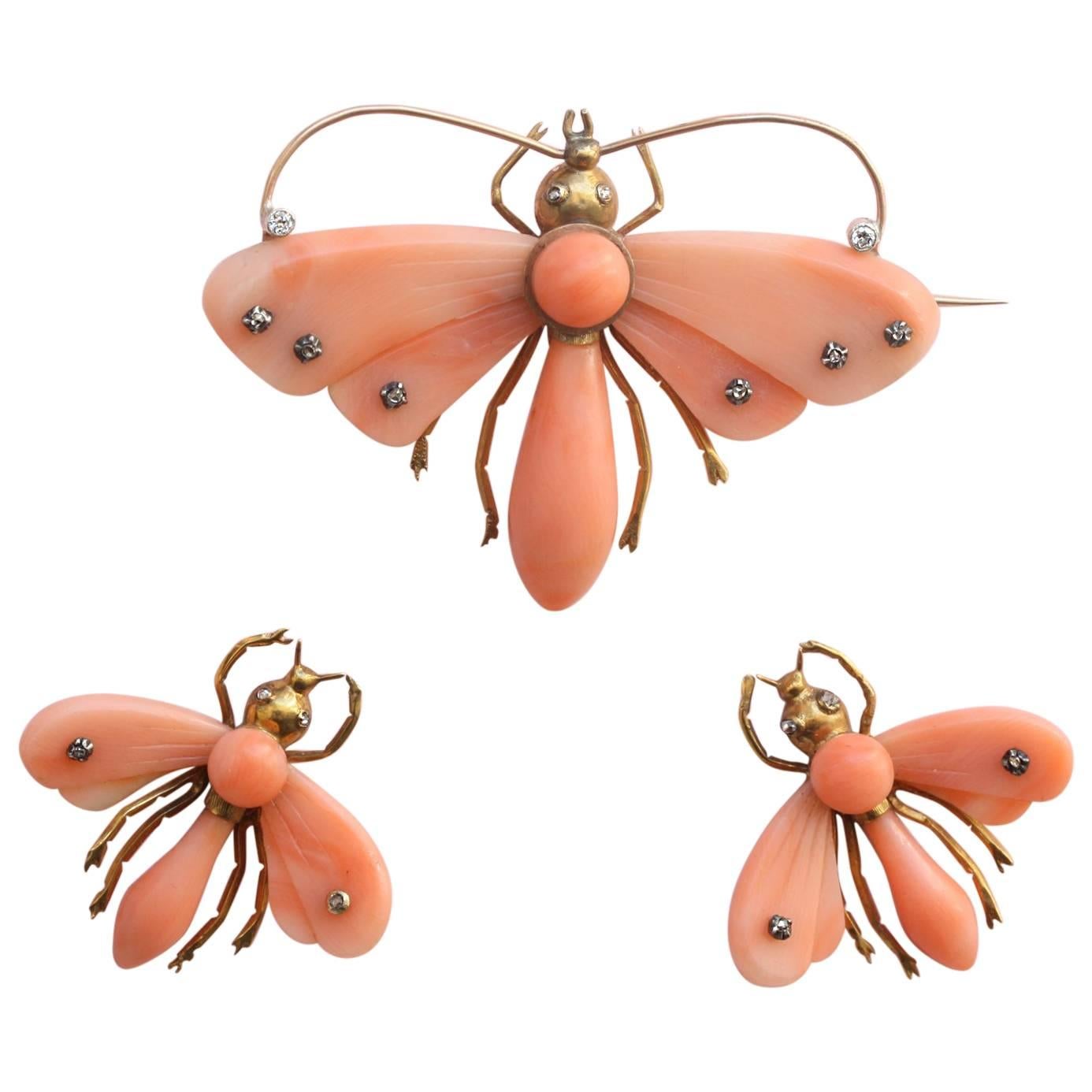 Victorian Coral Gold Demi-Parure  Butterfly Earrings and Brooch