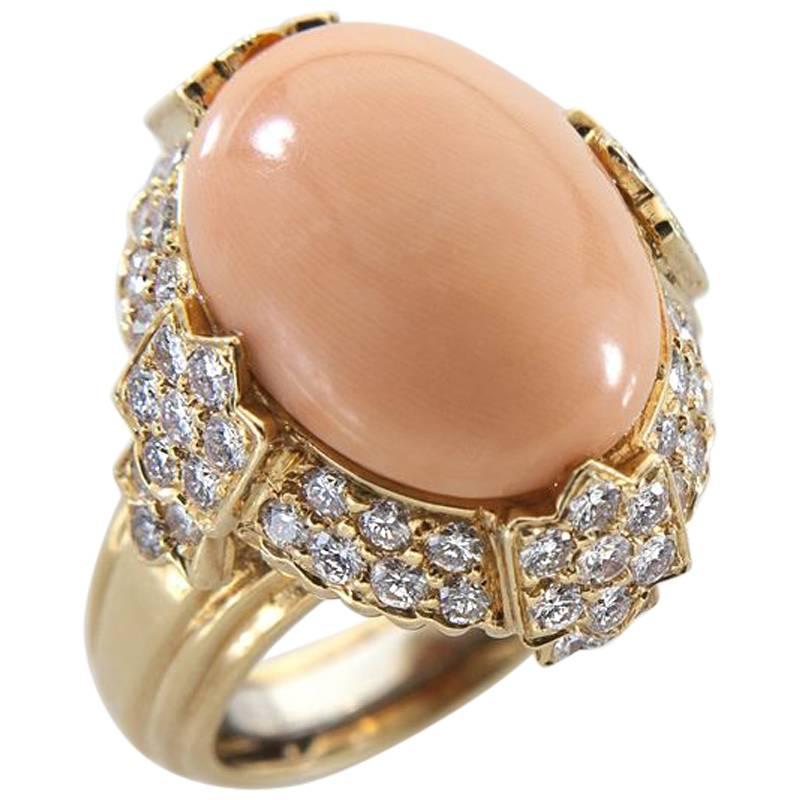 French Coral Diamond Yellow Gold Ring