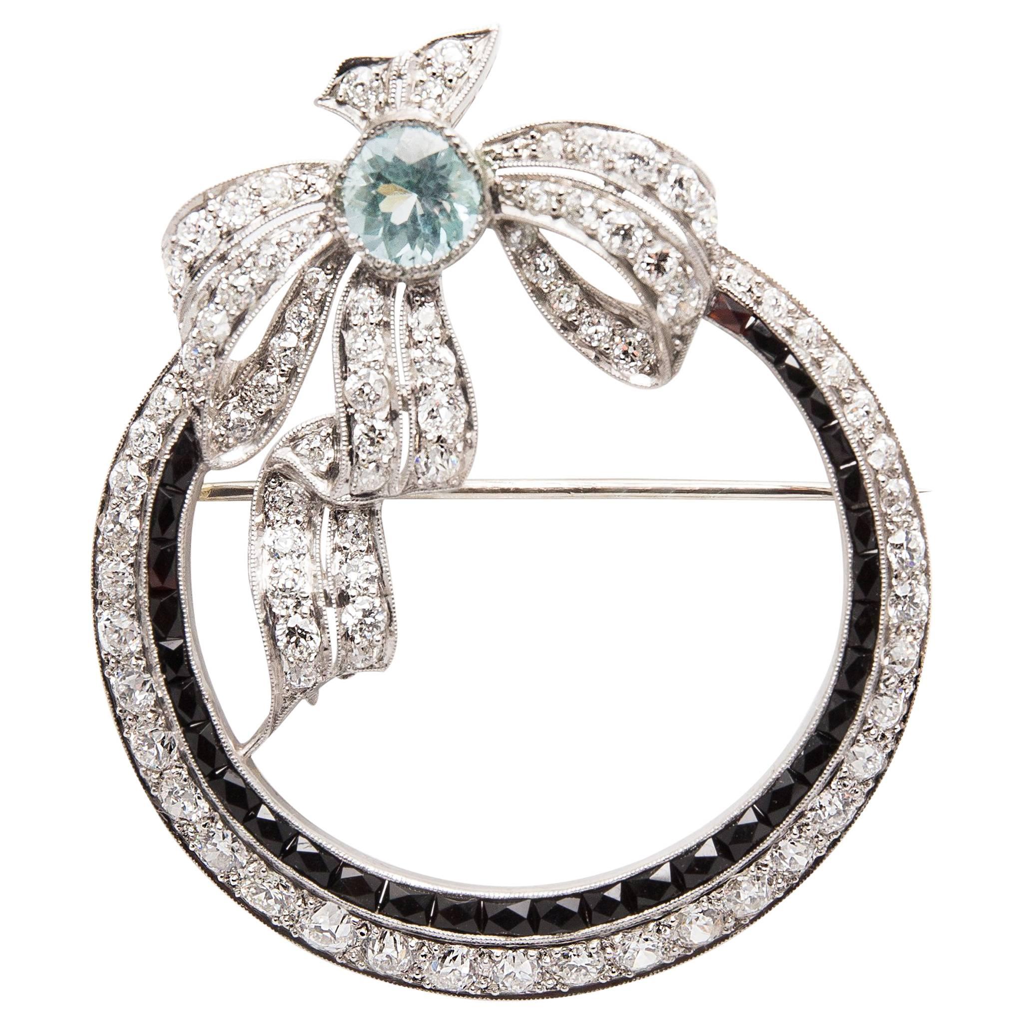 Spectacular Art Deco Aquamarine Diamond and Onyx Brooch in Platinum For Sale