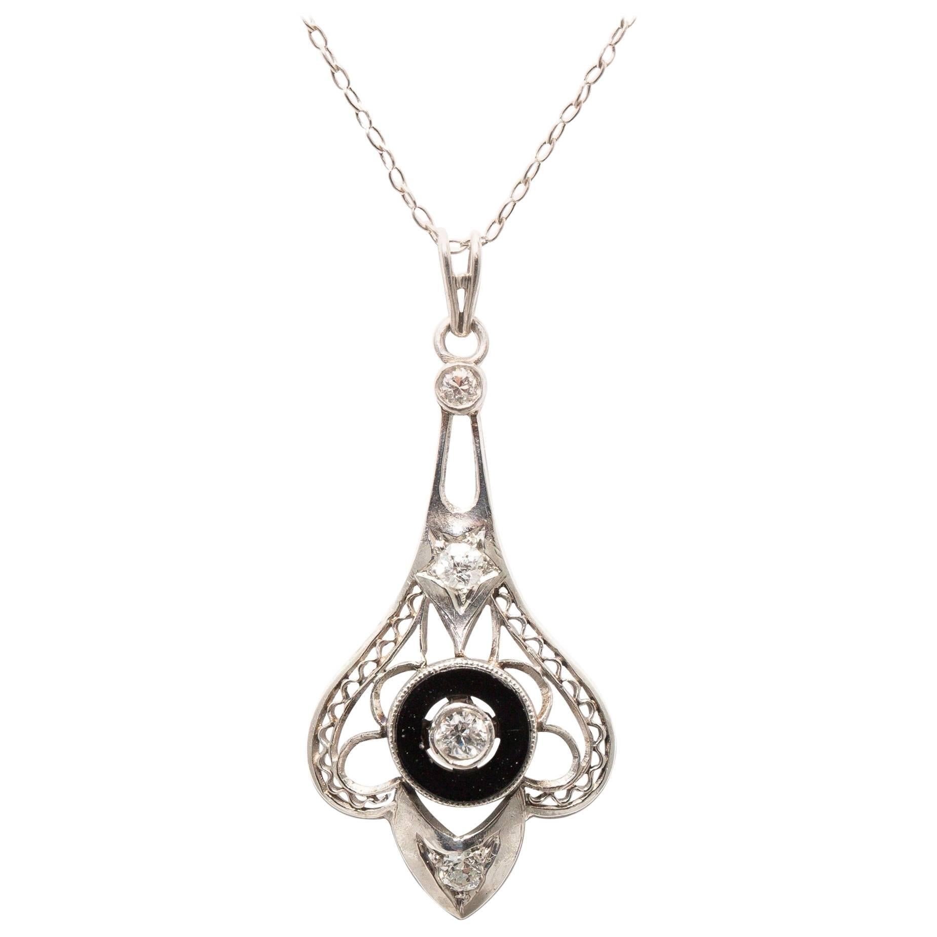 Platinum Art Deco Onyx and European Cut Diamond Pendant Necklace