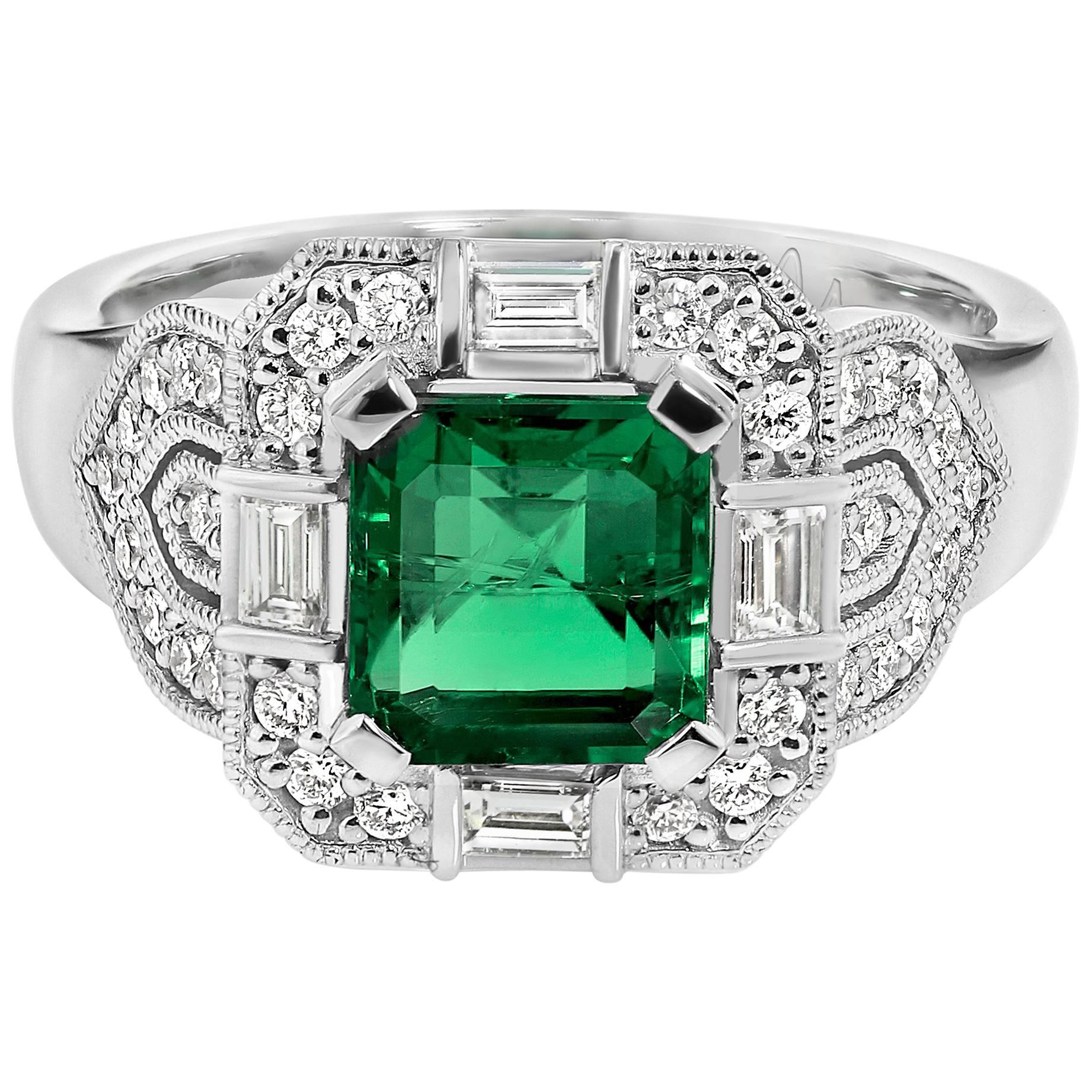Art Deco Emerald and Diamonds Gold Ring