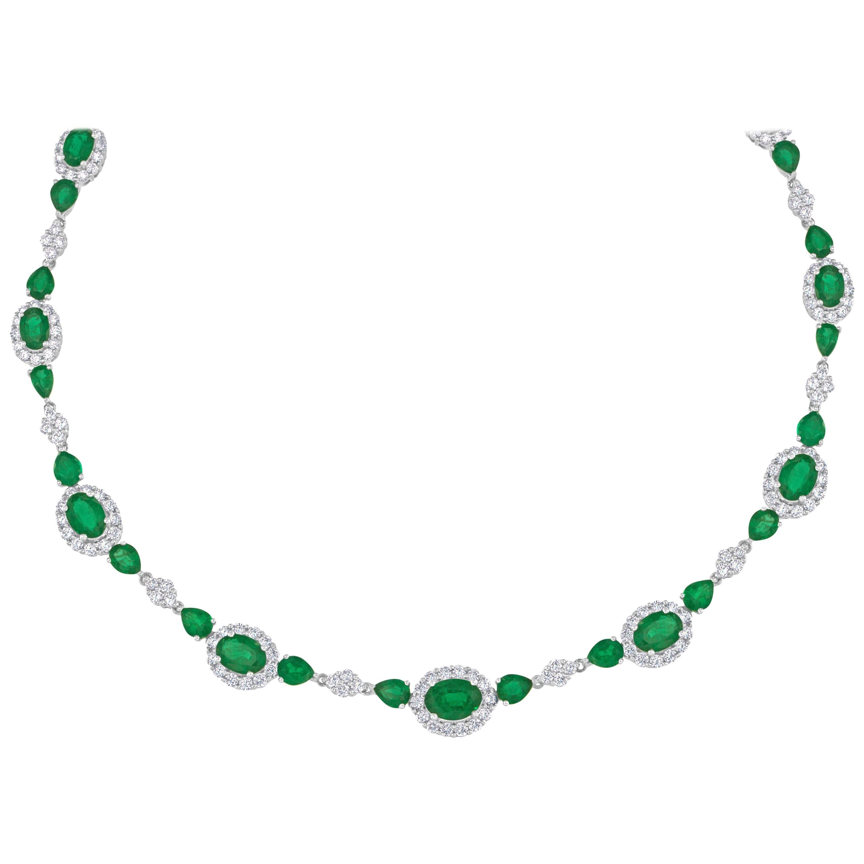 14.85 Carat Oval and Pear Shape Emerald and Diamond Gold Necklace For Sale