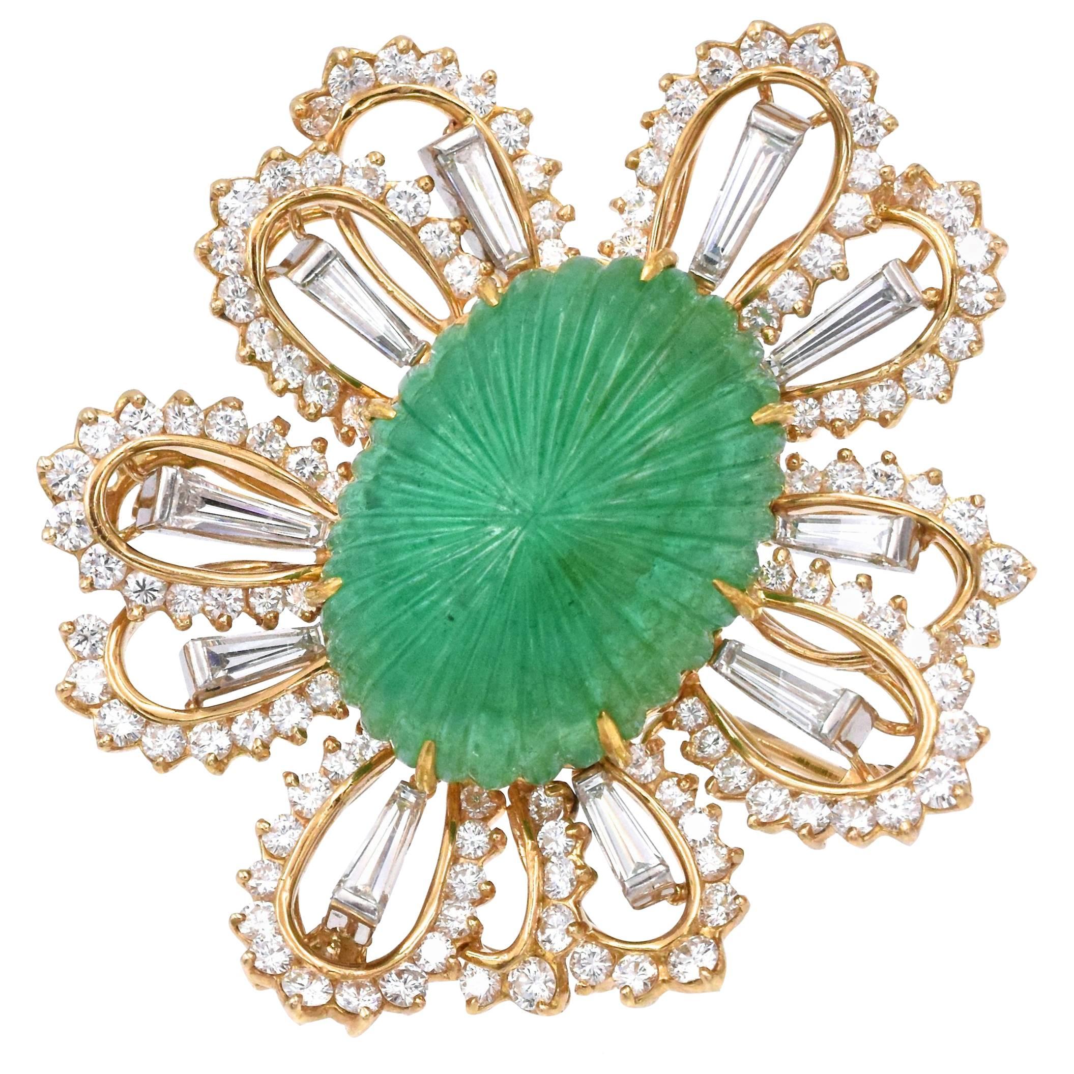 1970s Oscar Heyman Emerald Diamond Platinum Brooch