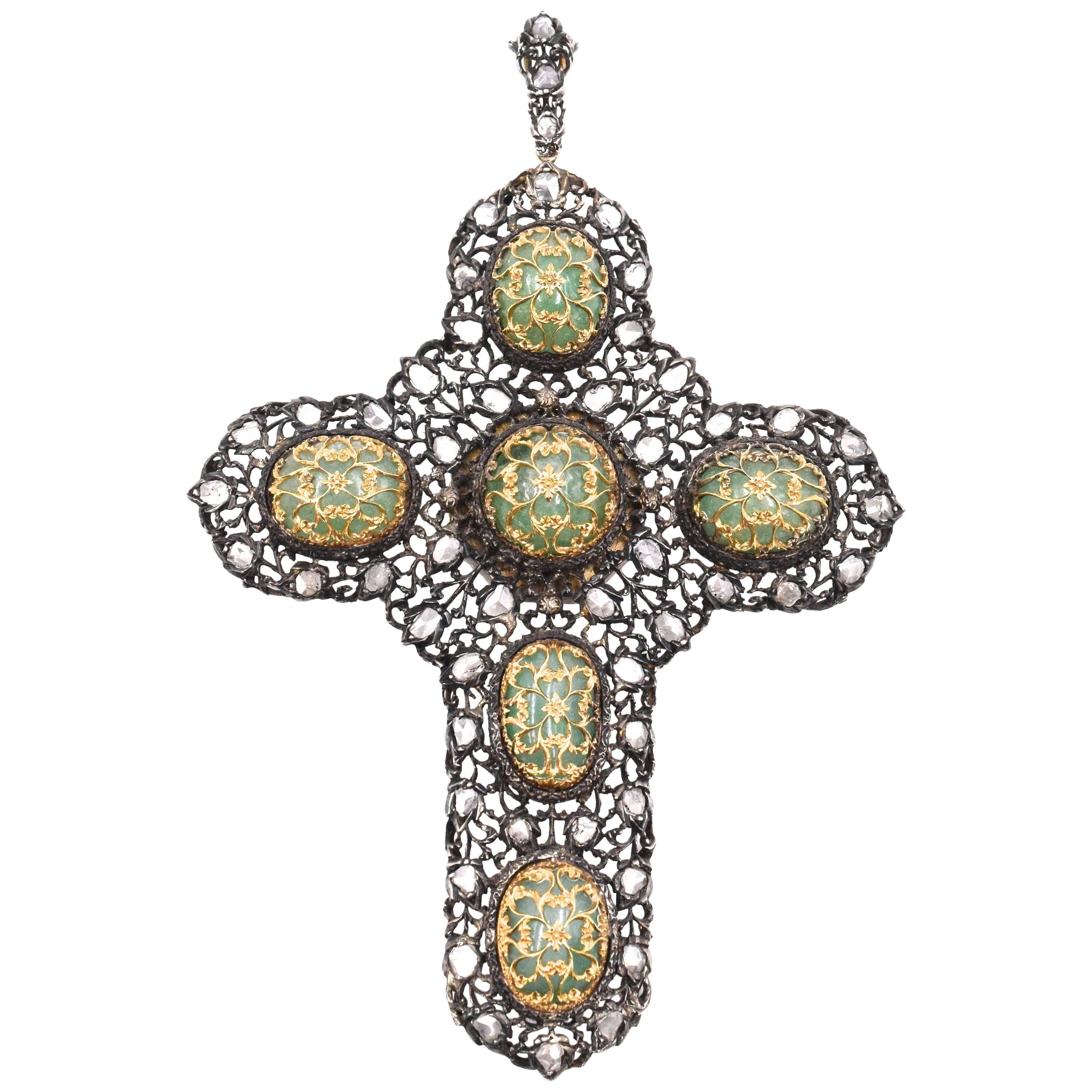 1940s Buccellati Emerald Diamond Silver Gold Cross