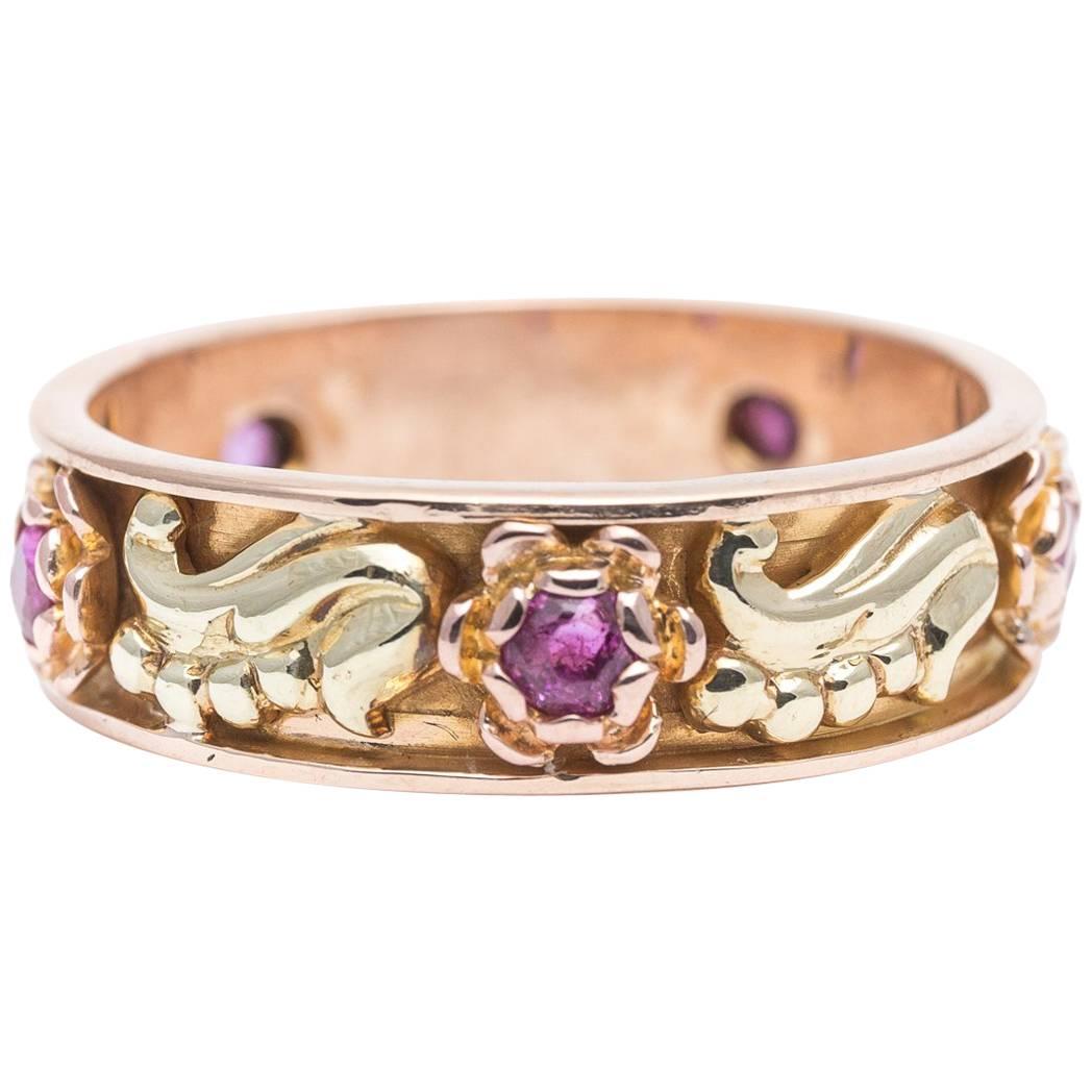 Retro Floral Ruby Yellow and Rose Gold Wedding Band Ring For Sale