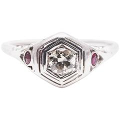 Sparkling Art Deco Ruby Diamond White Gold Filigree Ring
