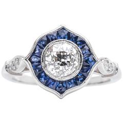 Spectacular French Cut Sapphire Diamond Platinum Target Compass Ring 
