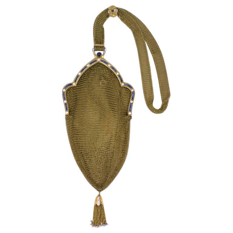 Art Deco Saphir-Diamant-Gold-Handtasche aus Mesh im Angebot