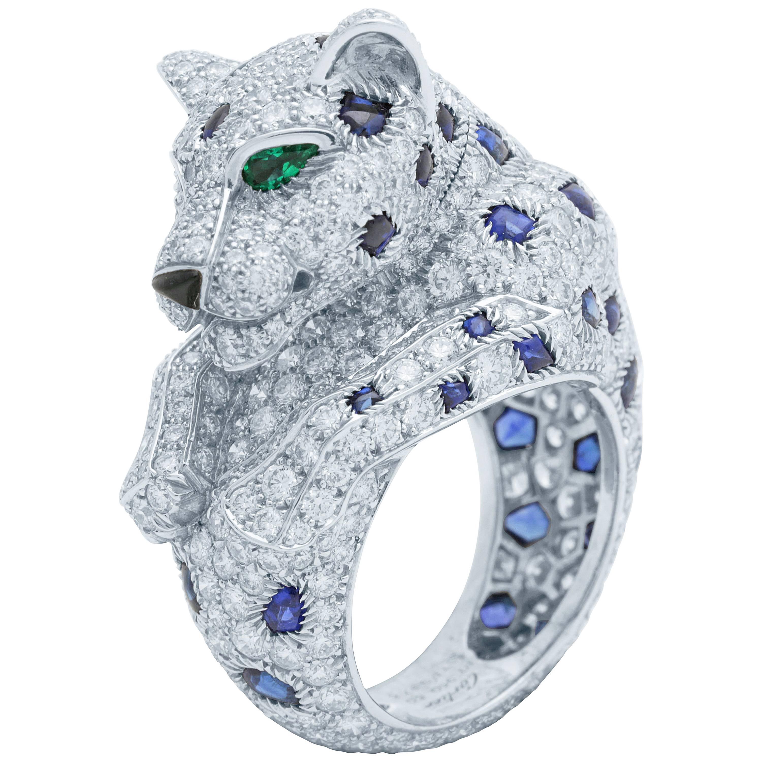 Cartier Panther de Cartier Platinum Diamond Sapphire Onyx and Emerald Ring