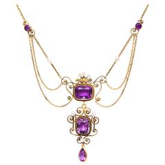 Antique Edwardian Amethyst Pearl Yellow Gold Festoon Necklace