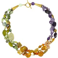 Prehnite Citrine Amethyst Three Strand Gold Bead Necklace