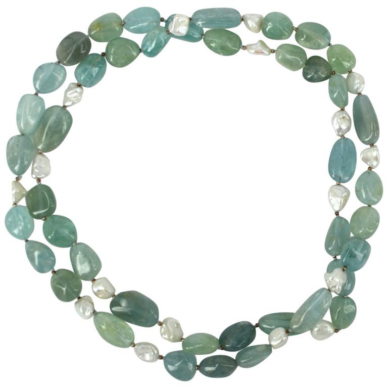 Aquamarine Keshi Fresh Water Pearls Silver Bead Necklace For Sale at