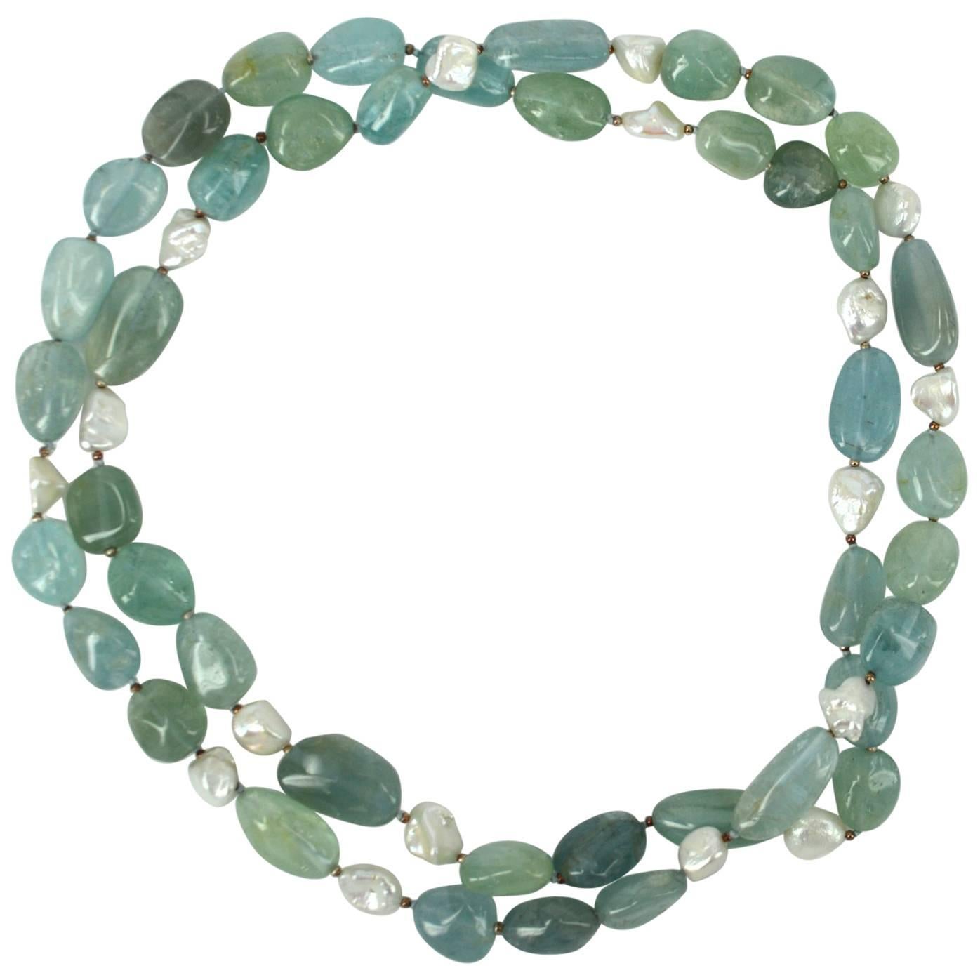 Aquamarine Keshi Fresh Water Pearls Silver Bead Necklace For Sale