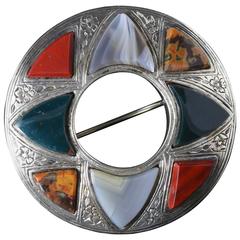 Antique Victorian Scottish Agate Silver Brooch, circa 1860