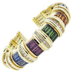 Jeffrey Stevens Multi Gemstone Diamond Gold Cuff Bracelet 12