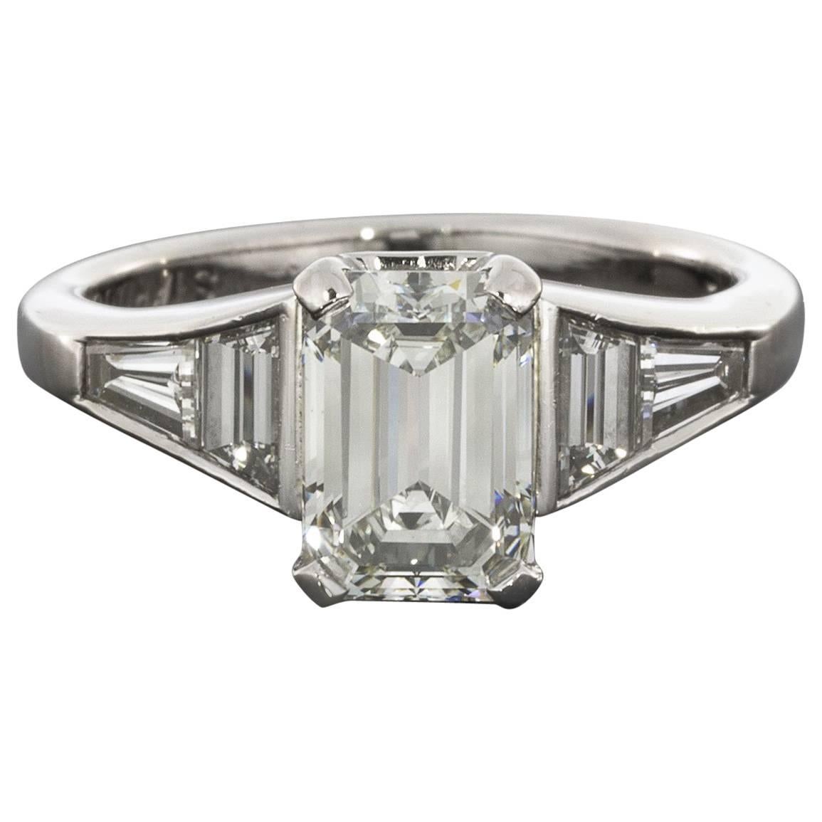 GIA Certified 1.53 Carat Emerald Cut Diamond Platinum Engagement Ring