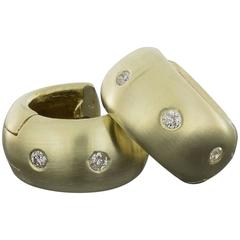 Flush Set Diamond Yellow Gold Satin Finish Huggie Hoop Earrings