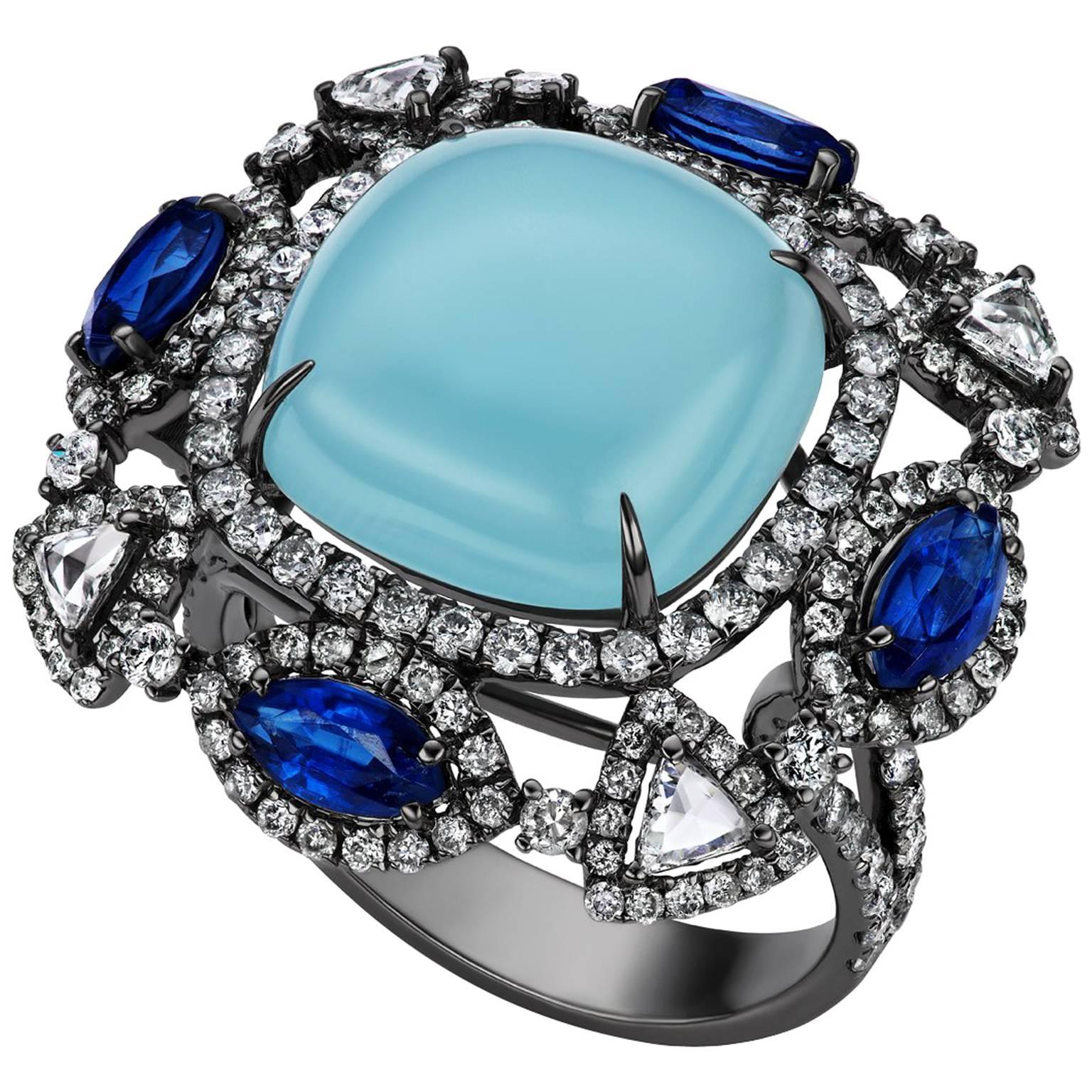 Aquamarine Kyanite Diamond Cocktail Ring For Sale