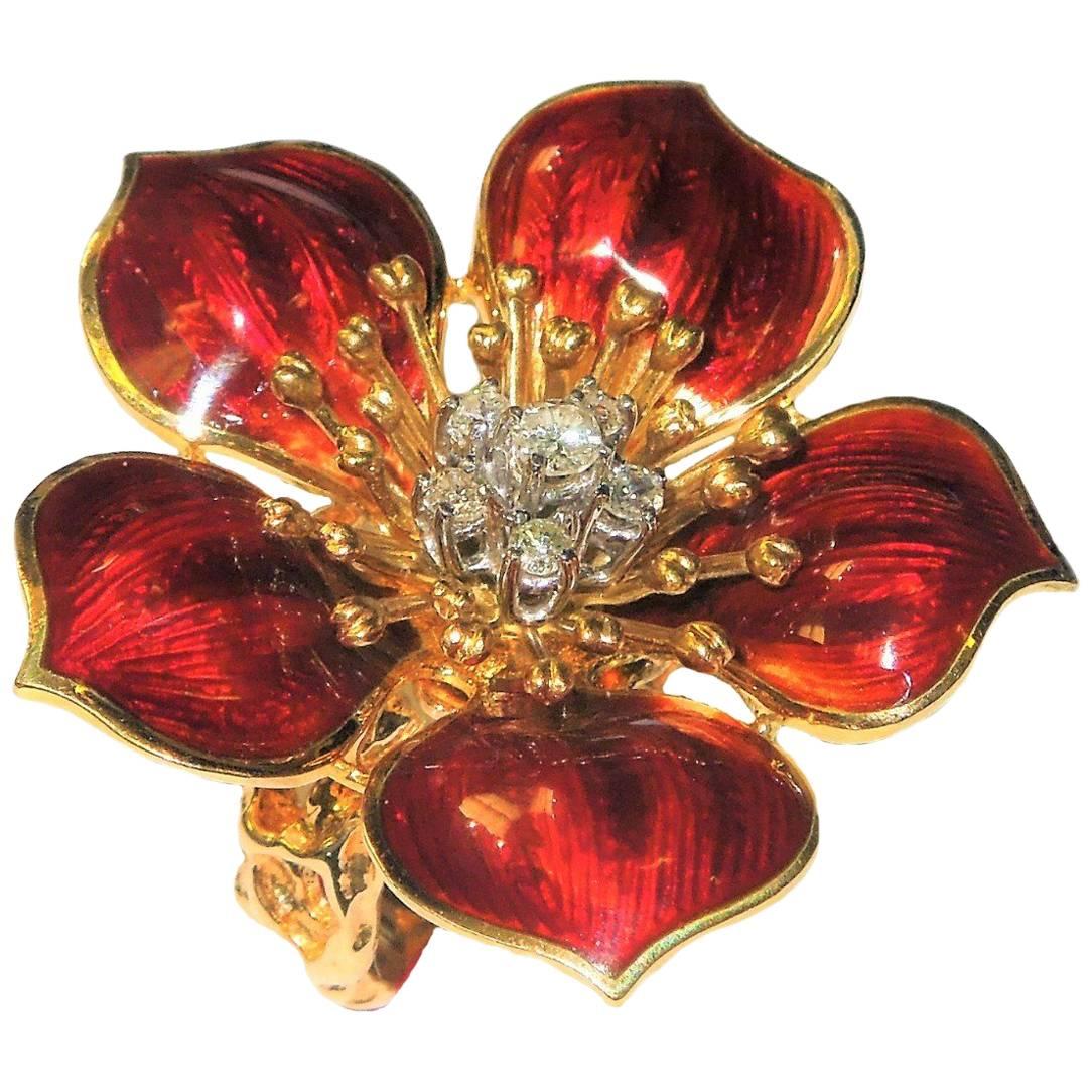 Enamel Diamond Gold Flower Ring