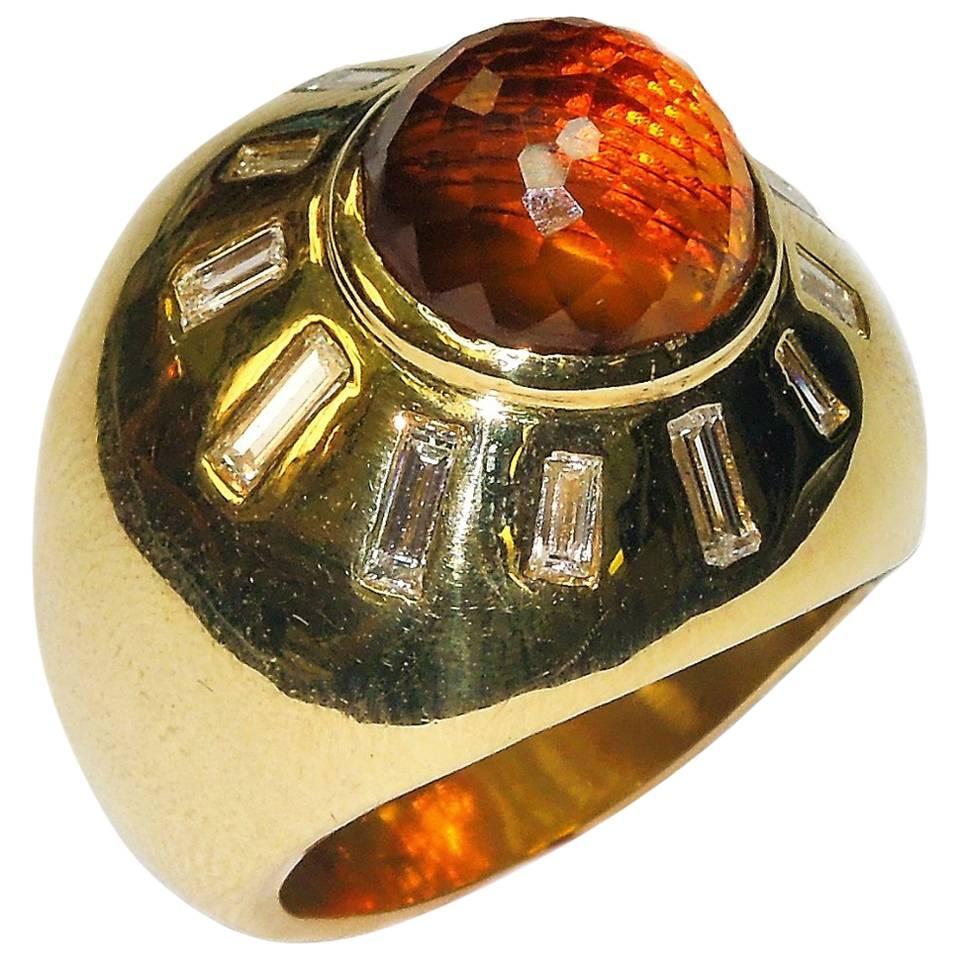 Orange Quartz Diamond Gold Ring