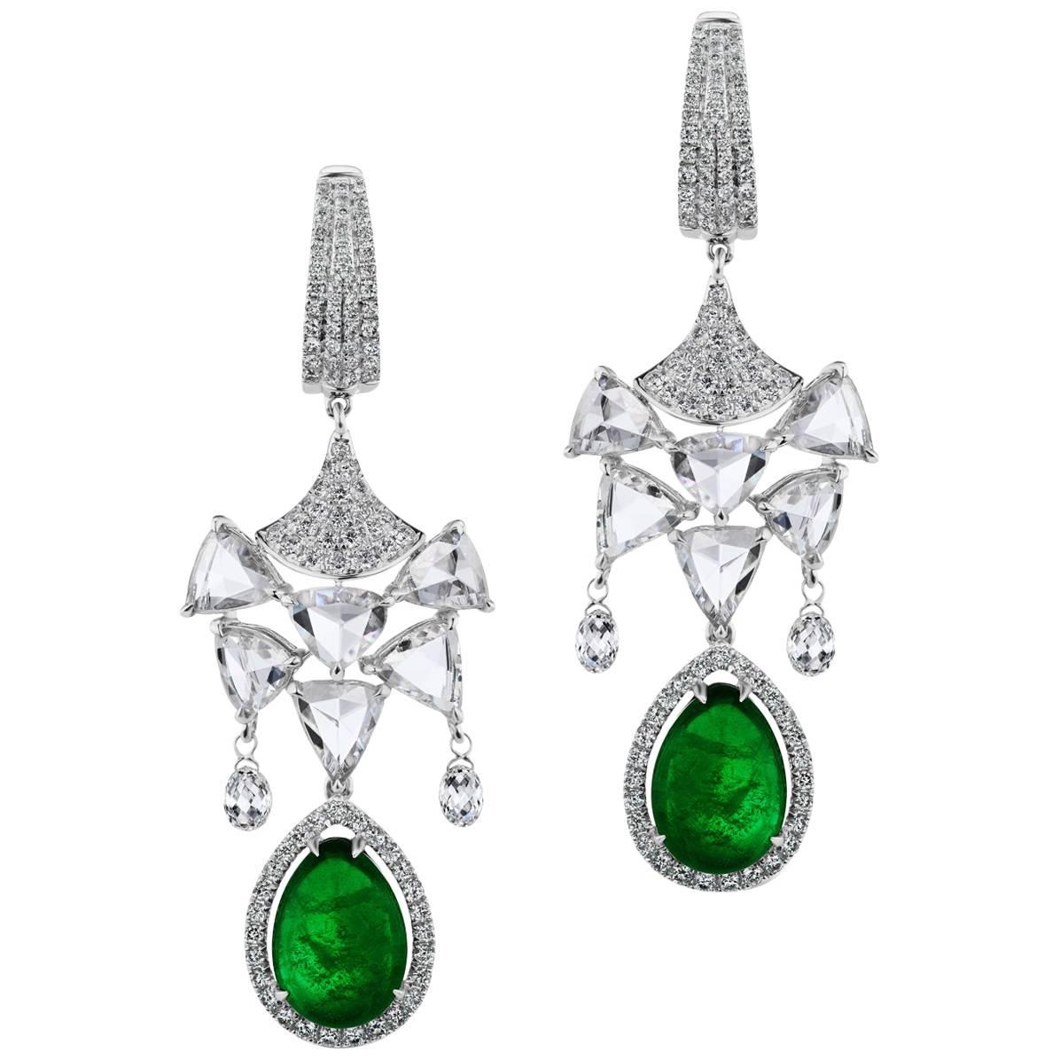 Diamond Emerald Drop Chandelier Earring For Sale