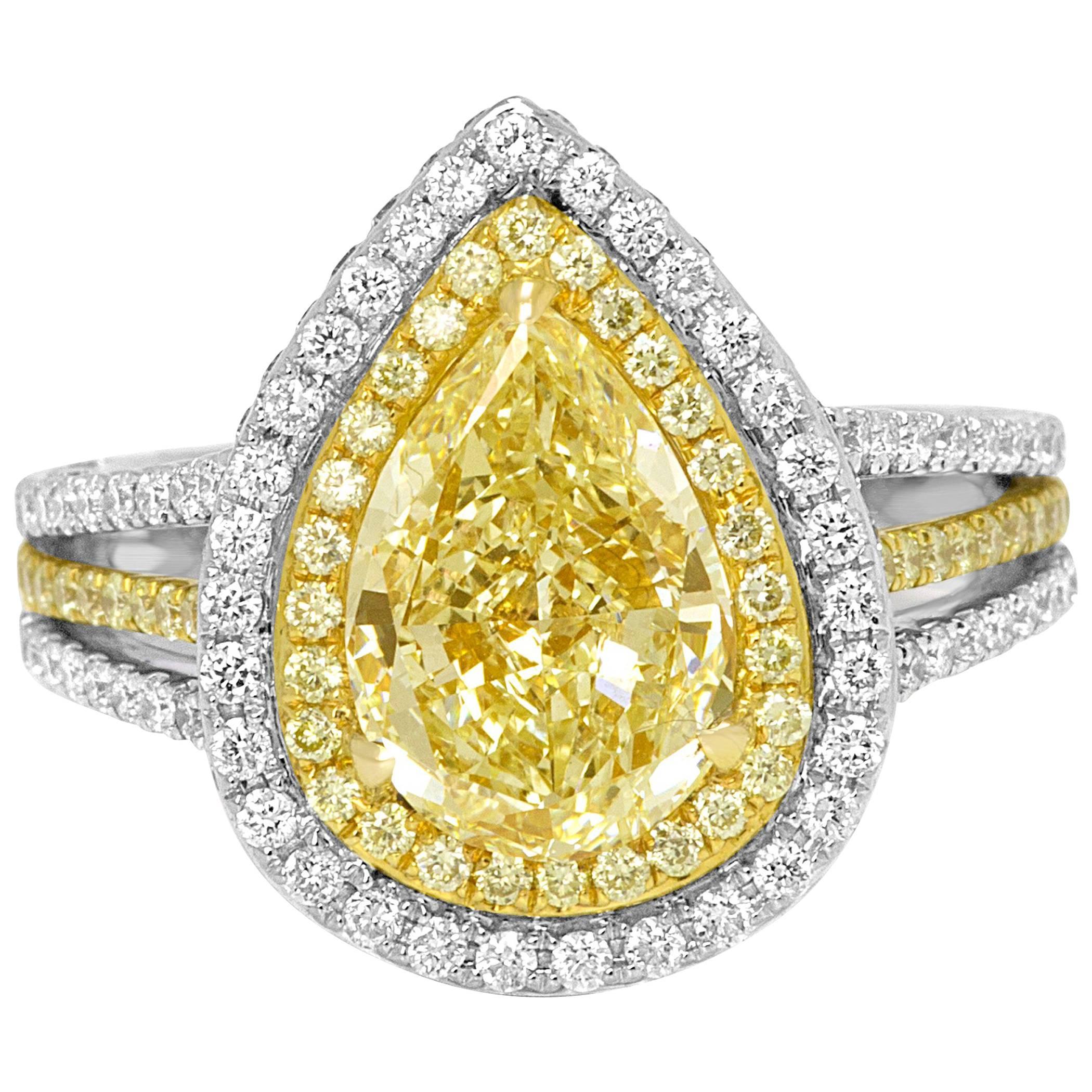 Certified Light Yellow Diamond Halo Two-Color Gold Bridal Fashion Cocktail Ring