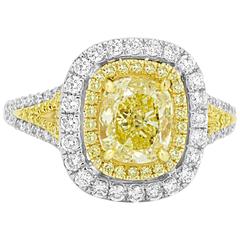 Certified Fancy Yellow Diamond Double Halo Two-Color Gold Ring 10