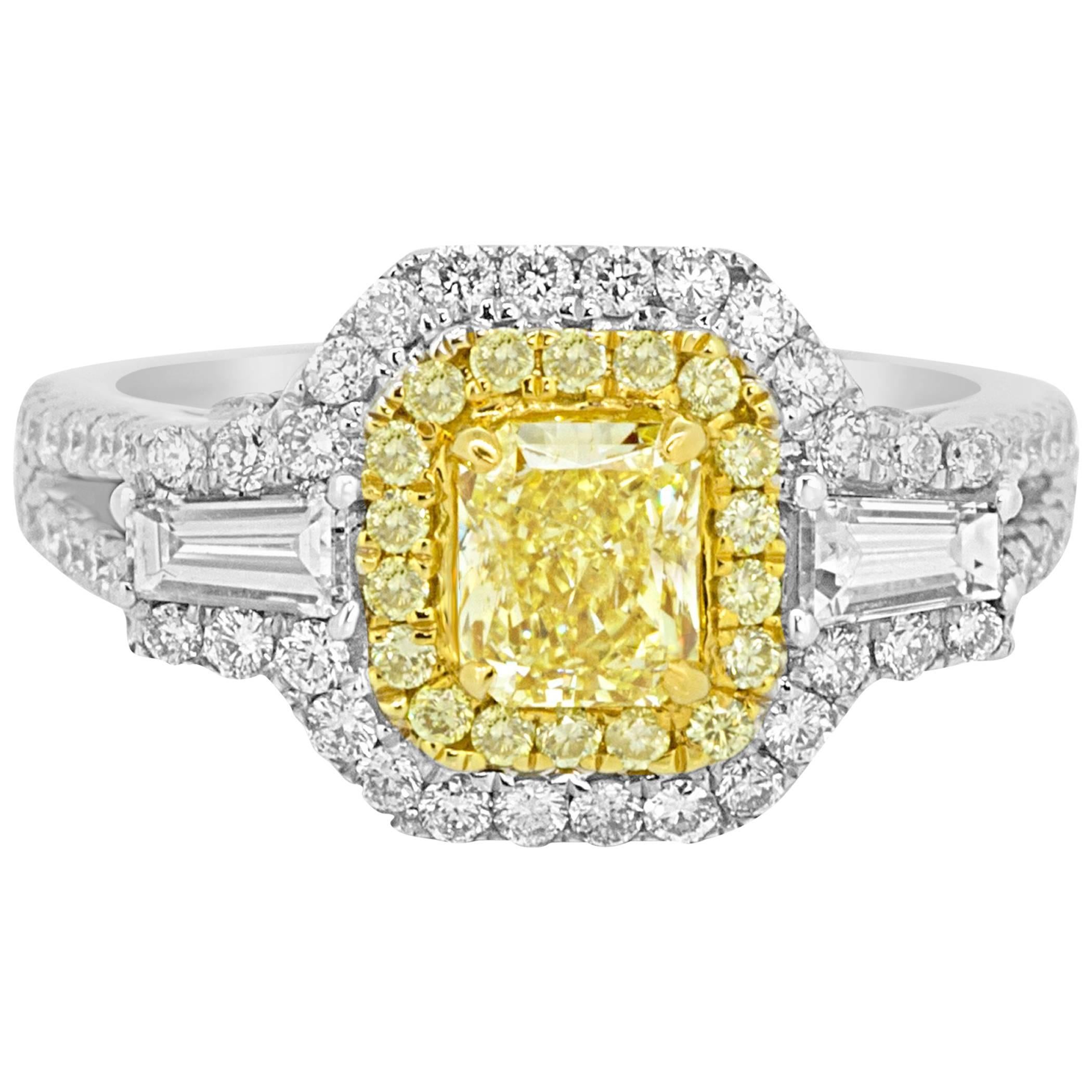 Certified Intense Yellow Diamond Halo Two Color Gold Three Stone Bridal Ring