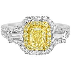Certified Fancy Intense Yellow Diamond Double Halo Two Color Gold Ring 7