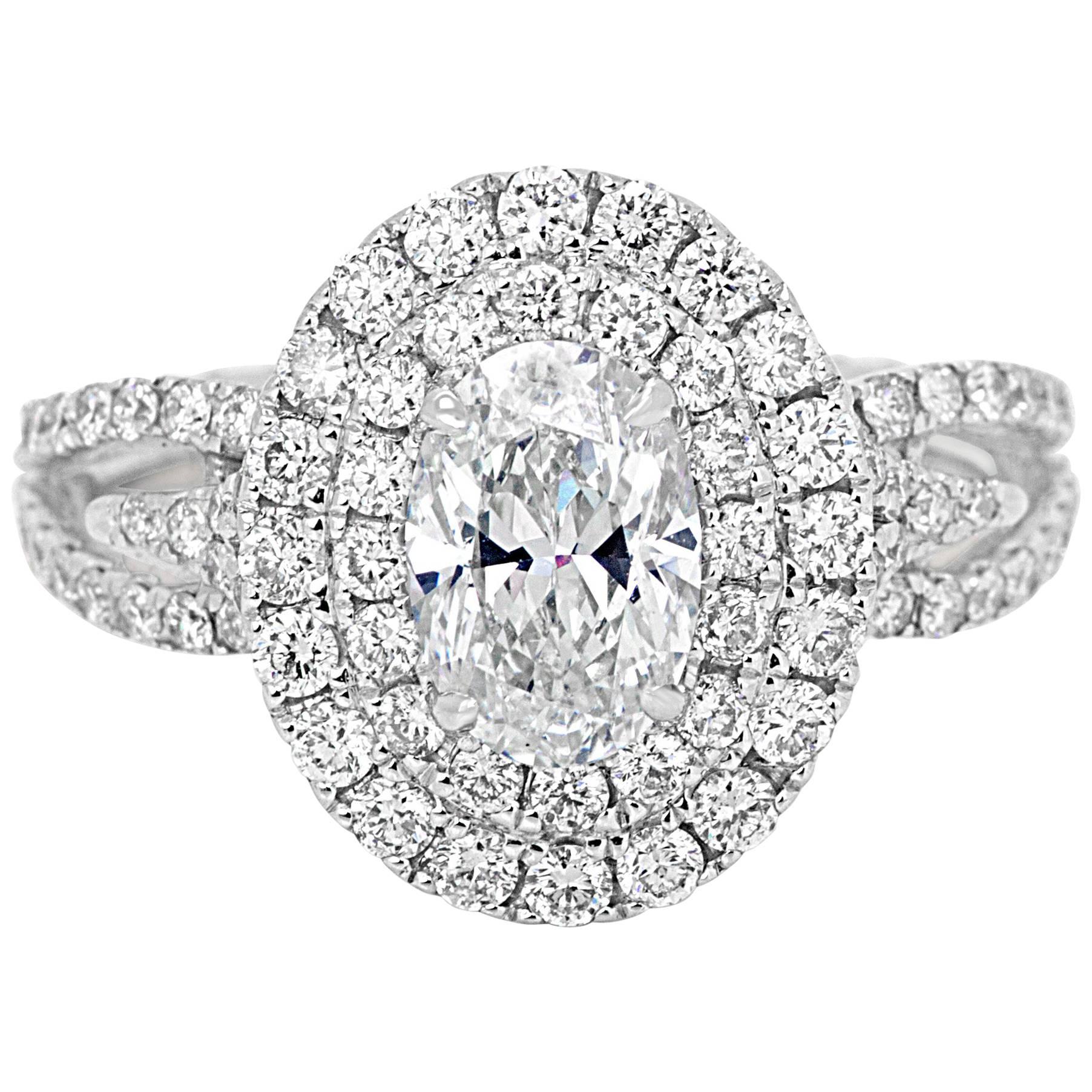 Diamond Oval Double Halo White Gold Engagement Bridal Fashion Cocktail Ring