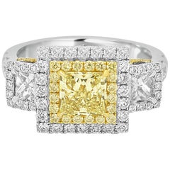 Certified Fancy Yellow Princess Cut Diamond in Two Color Gold Double Halo Ring