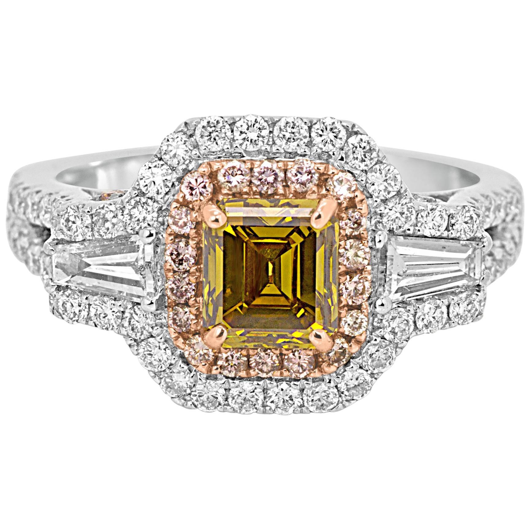 Certified Fancy Color Diamond Double Halo Two-Color Gold Bridal Fashion Ring