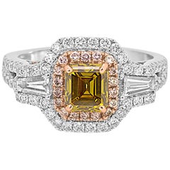 Certified Fancy Color Diamond Double Halo Two-Color Gold Bridal Fashion Ring