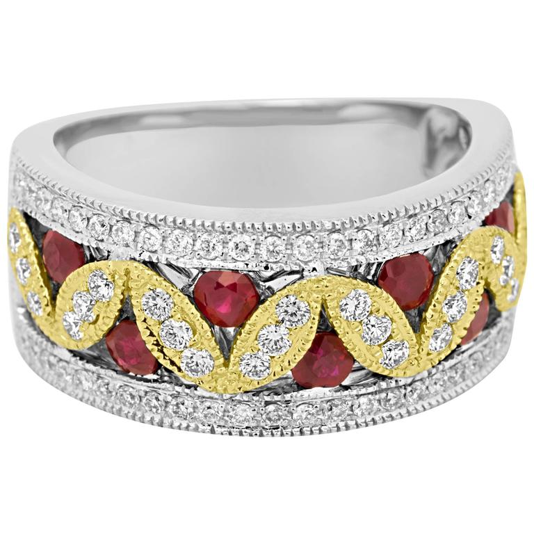 Ruby Diamond Two Color Gold Band Ring at 1stDibs