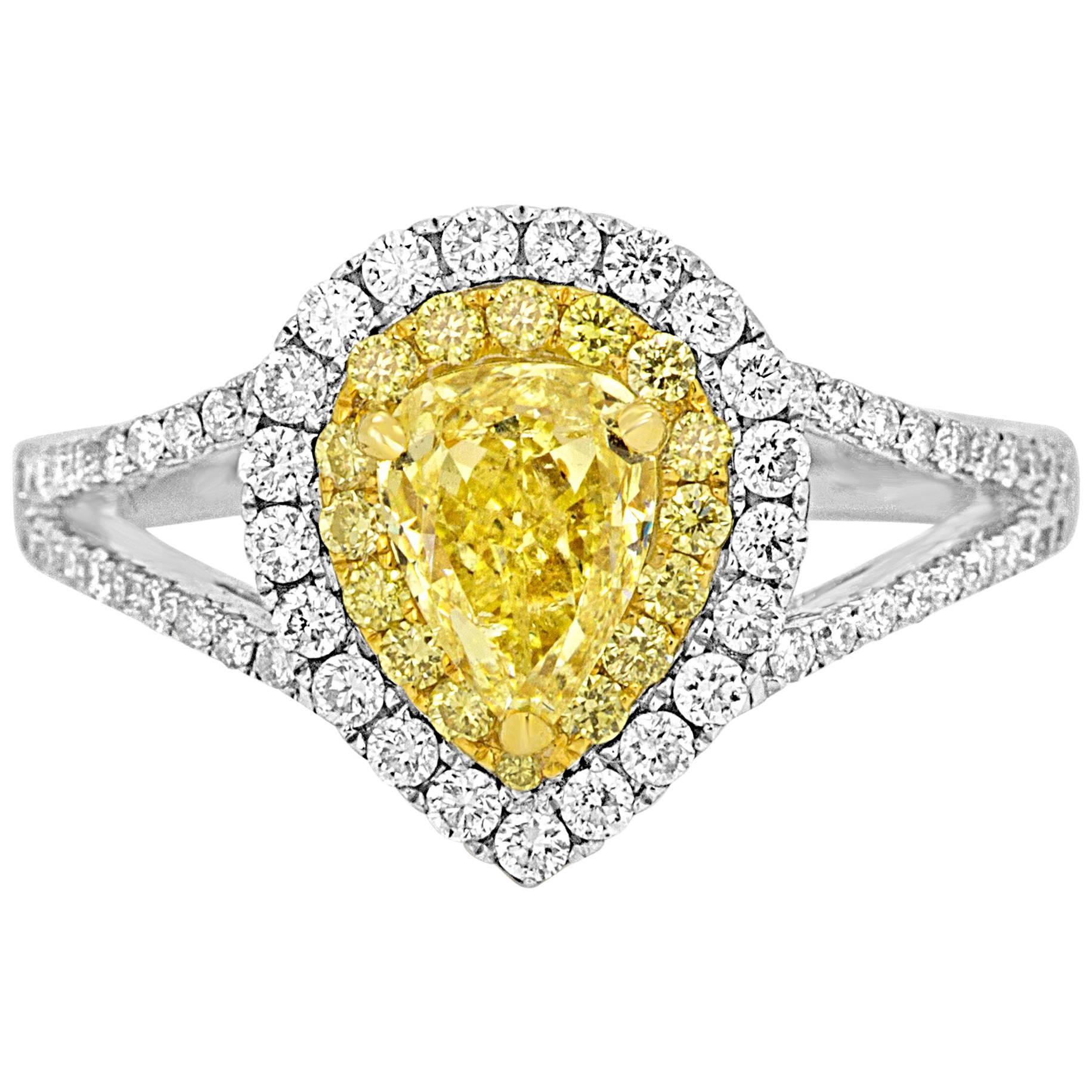 Fancy Yellow Diamond Double Halo Two-Color Gold Bridal Fashion Cocktail Ring
