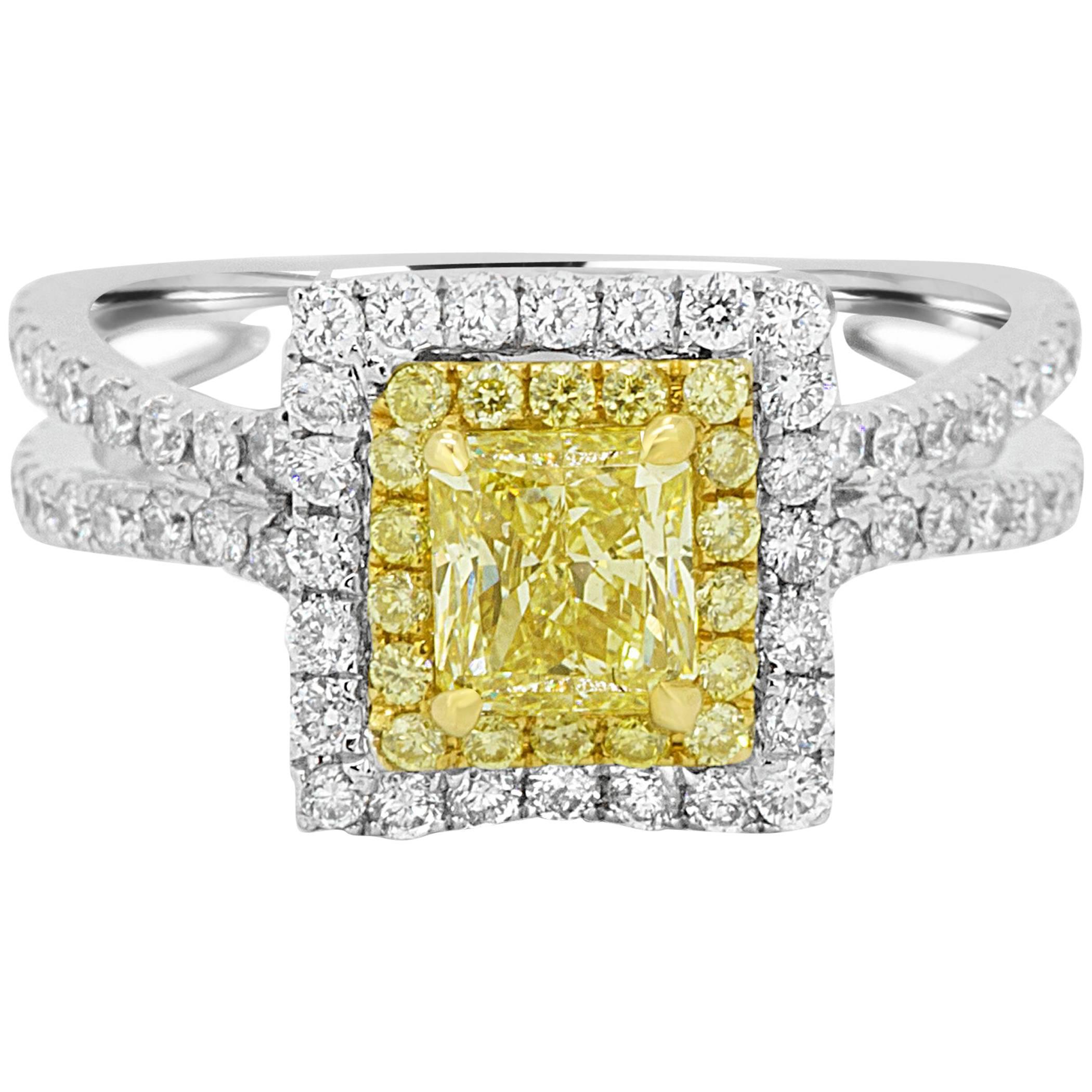GIA Certified Fancy Yellow Diamond Double Halo Two Color Gold Bridal Ring