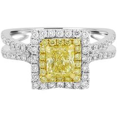 GIA Certified Fancy Yellow Diamond Double Halo Two Color Gold Ring 12