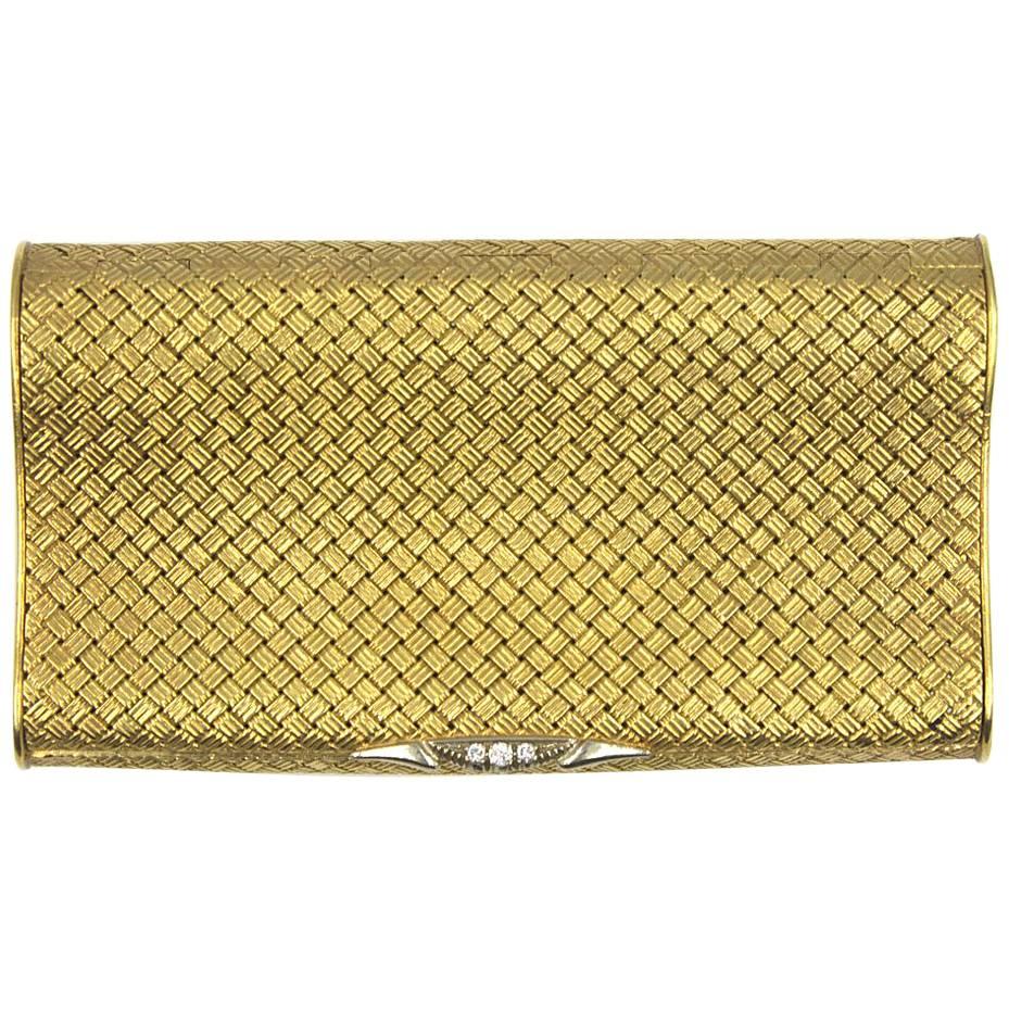 1960s Diamond Basketweave  Yellow Gold Cigarette Case