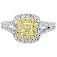 Natural Fancy Yellow Double Halo Two-Color Gold Bridal Fashion Cocktail Ring