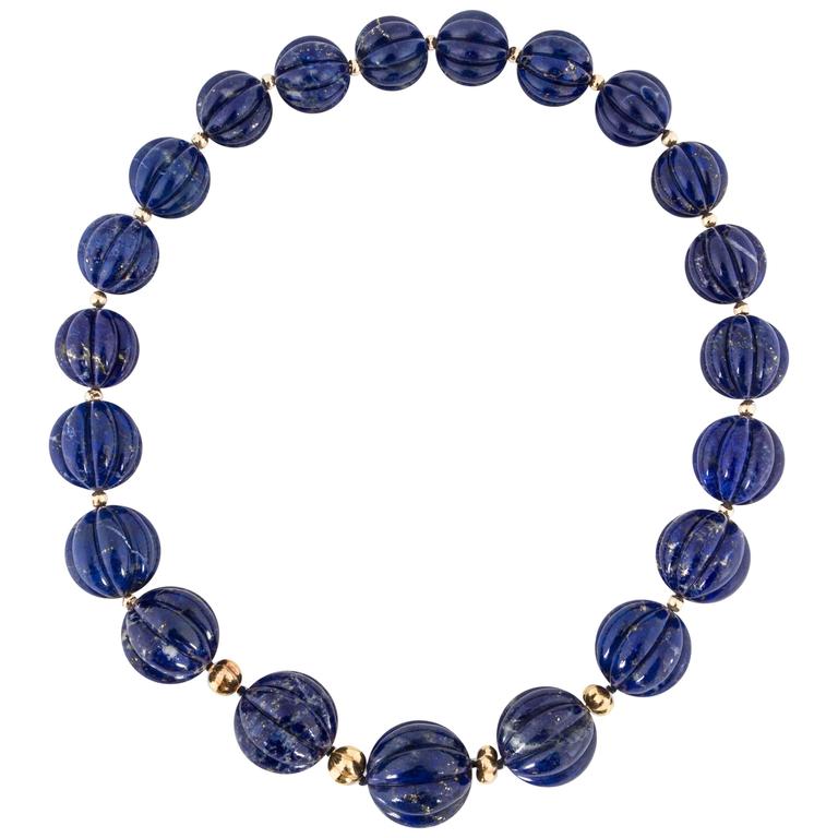 Huge Carved Lapis Bead Necklace For Sale at 1stdibs