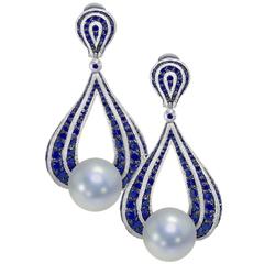 Sapphire Pearl Gold Drop Dangle Earrings Limited Edition Handmade in NYC 9