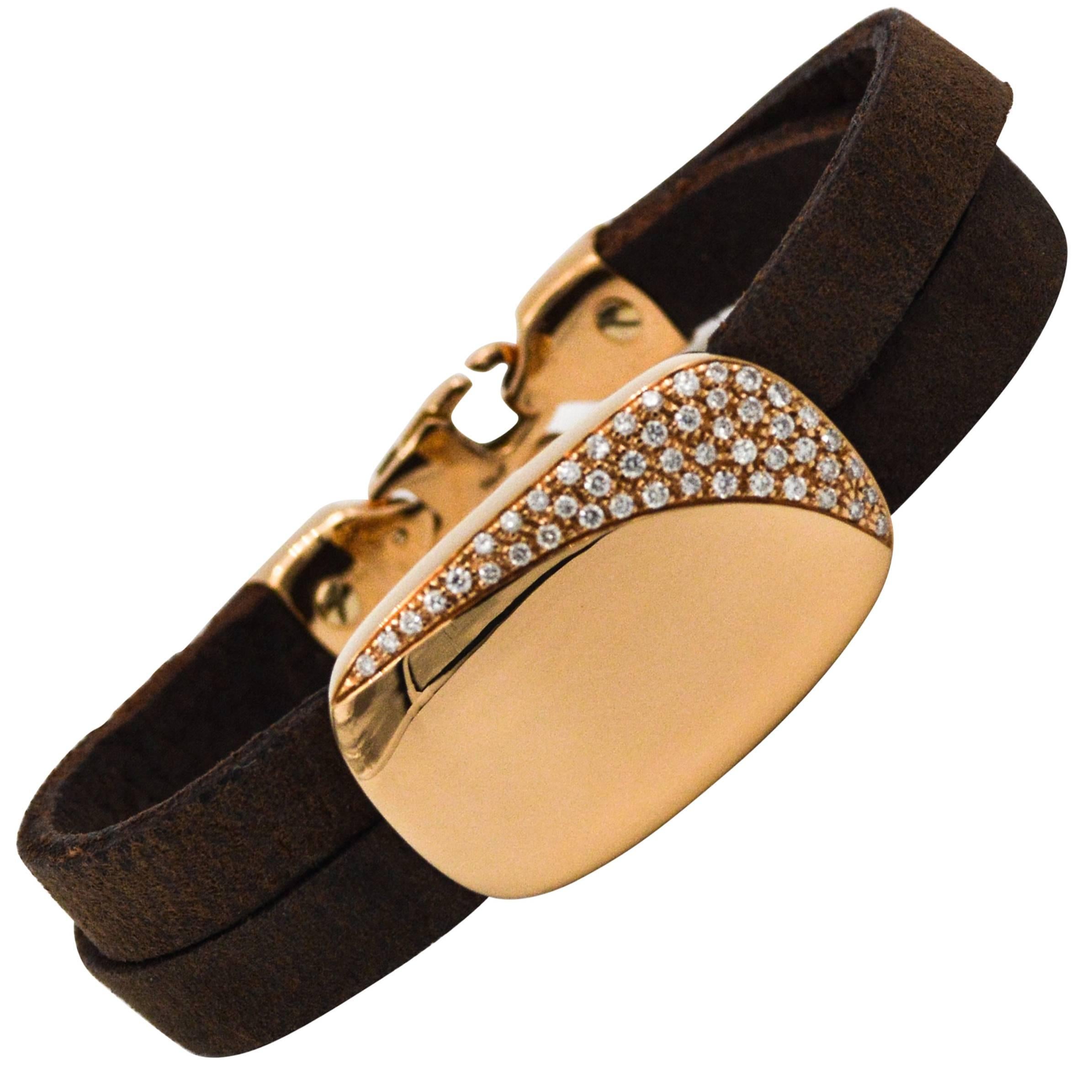 Oromalia Rose Gold Leather Bracelet .41 CT Pave Set Diamonds